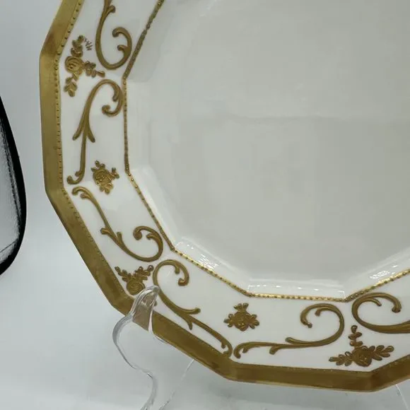 Antique Limoges Plate 9.25” Gold Trim France 12-sided Embossed Scroll - Picture 5 of 14